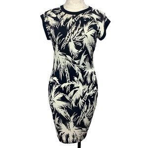 Diane Von Furstenburg Black Cream Silk Tropical Print Bodycon Dress